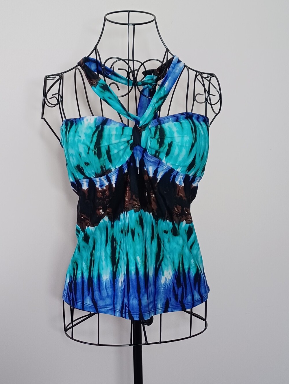 Island Escape Tie Dye Halter Tankini Top - Blue/Teal/Black - Size 8
